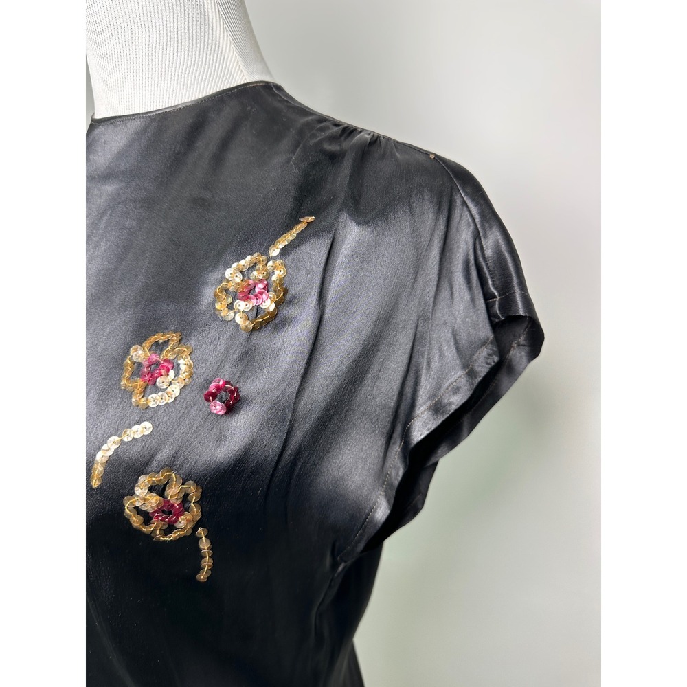 Vintage 1940s William M Perry Rayon Liquid Satin Sequin Evening Blouse Shirt S